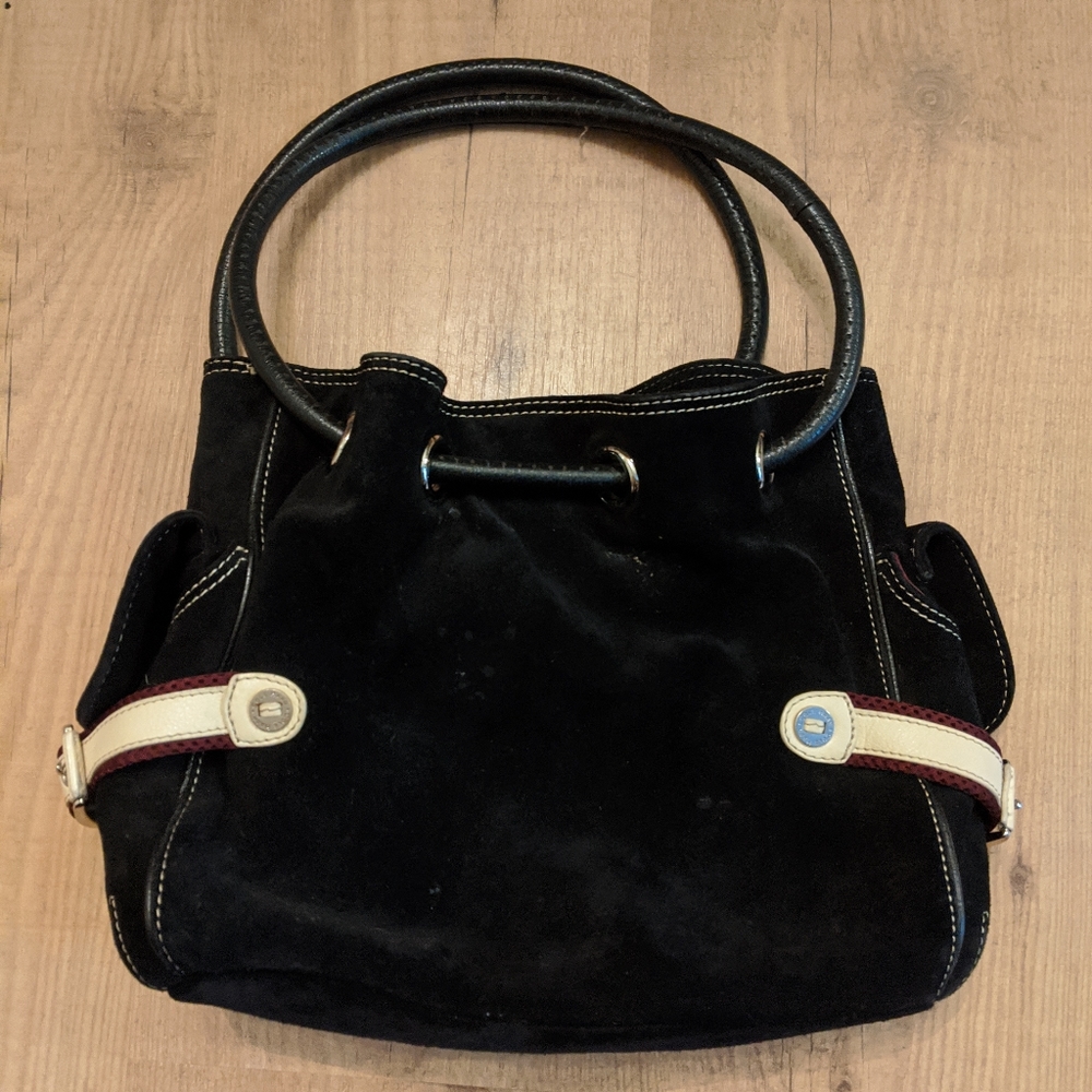 Cole Haan Black Suede Handbag With Red Lining